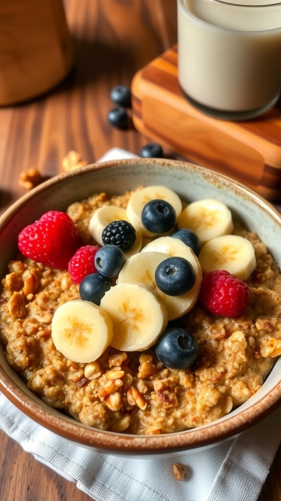 Vegan baked oatmeal topped with berries and banana slices in a rustic bowl on a wooden table.